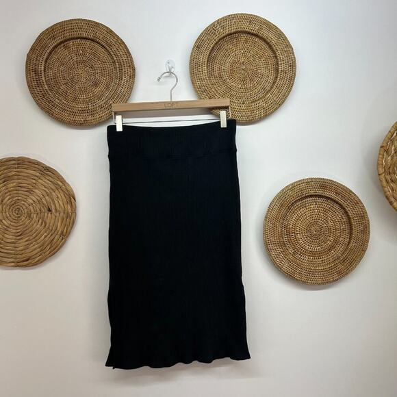 Aerie Neutral Black Side Slit High Rise Ribbed Stretch Midi Skirt Large - Picture 1 of 4